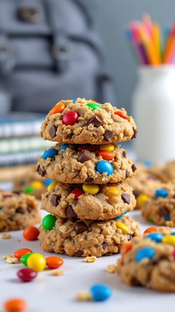 A stack of monster cookies with M&Ms and chocolate chips, surrounded by colorful candies.
