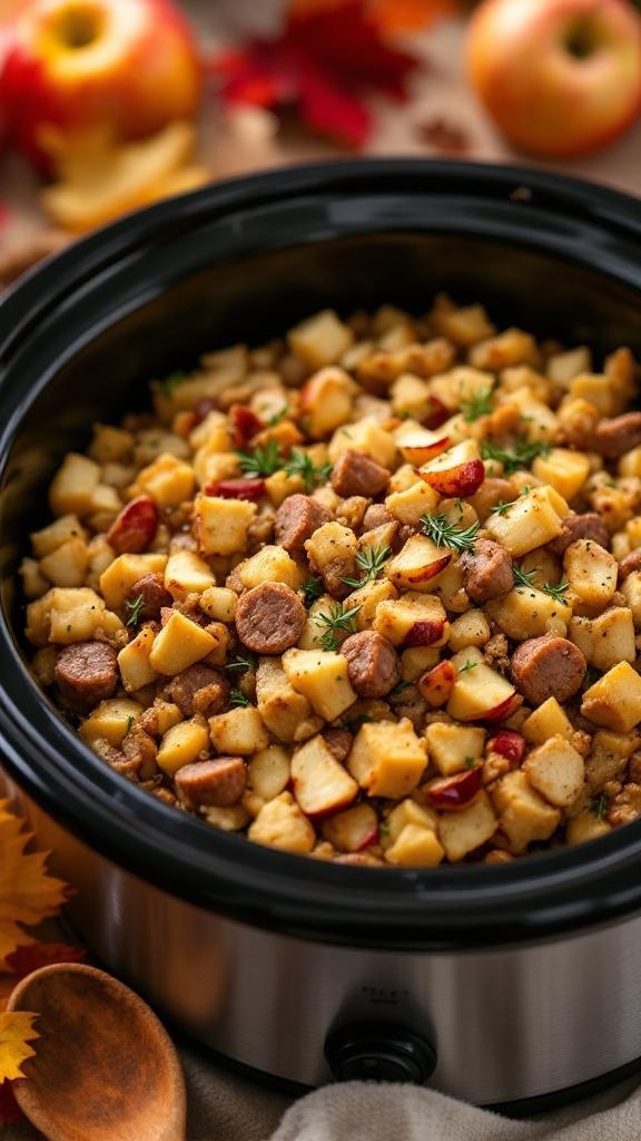 Crockpot sausage and apple stuffing with diced apples and sausage in a slow cooker.