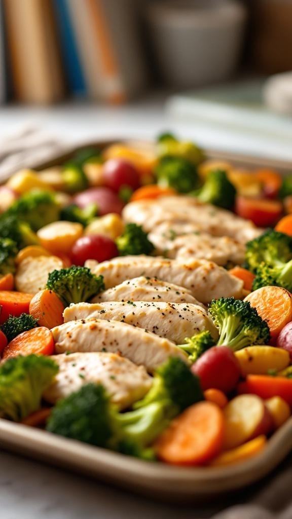 A sheet pan filled with chicken breasts and colorful vegetables, ready for baking.