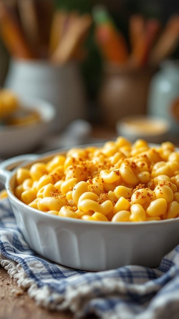 A creamy dish of baked mac and cheese topped with breadcrumbs.