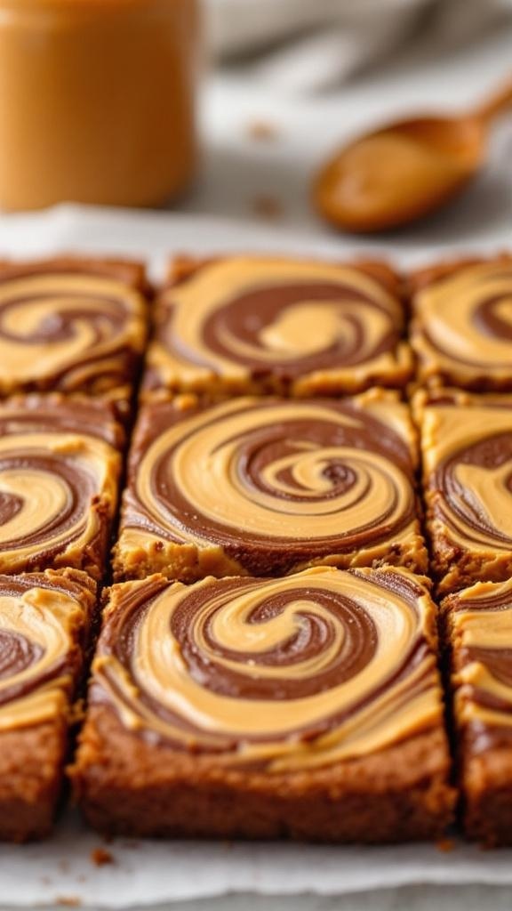 Delicious sweet potato brownies with a peanut butter swirl on top.