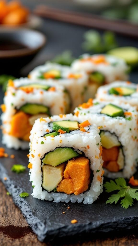 Sweet potato sushi rolls with cucumber and avocado on a slate plate