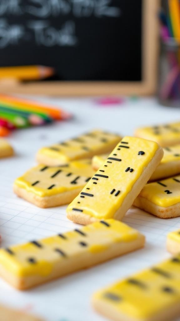 Ruler-shaped shortbread cookies decorated with yellow icing and black details on a table with school supplies.