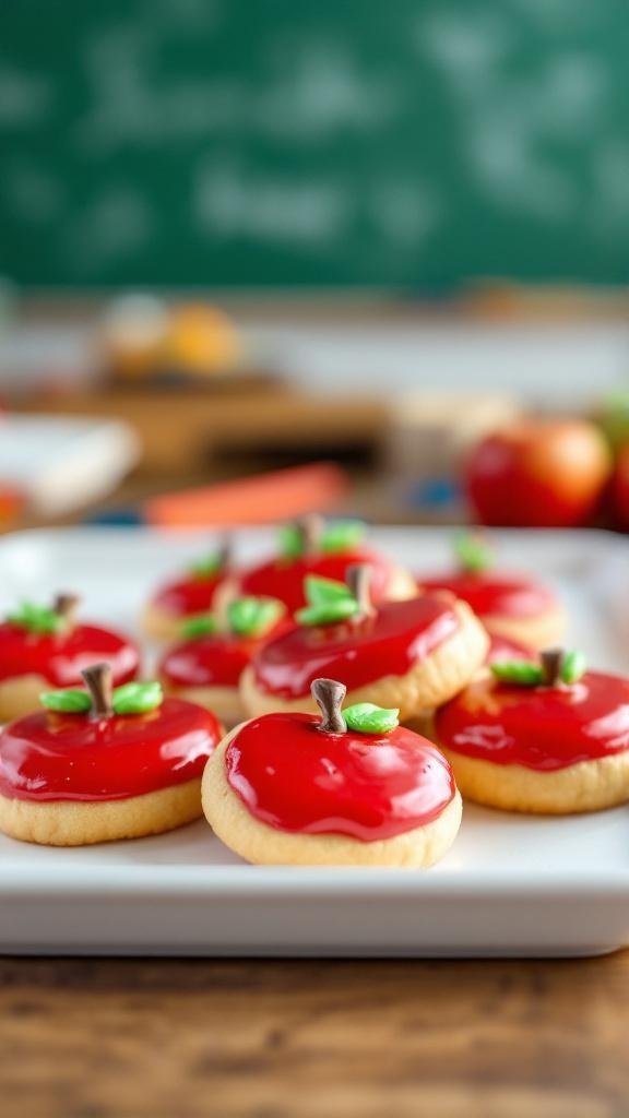 Plate of apple-shaped sugar cookies decorated with red icing and green leaves