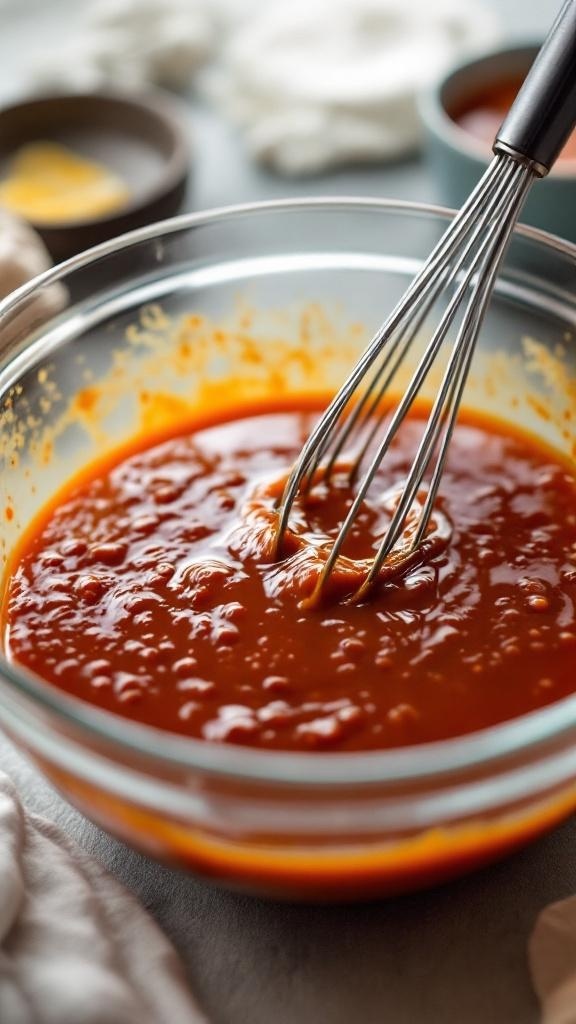 A bowl of BBQ sauce being whisked with a whisk, surrounded by ingredients for a pulled chicken recipe.