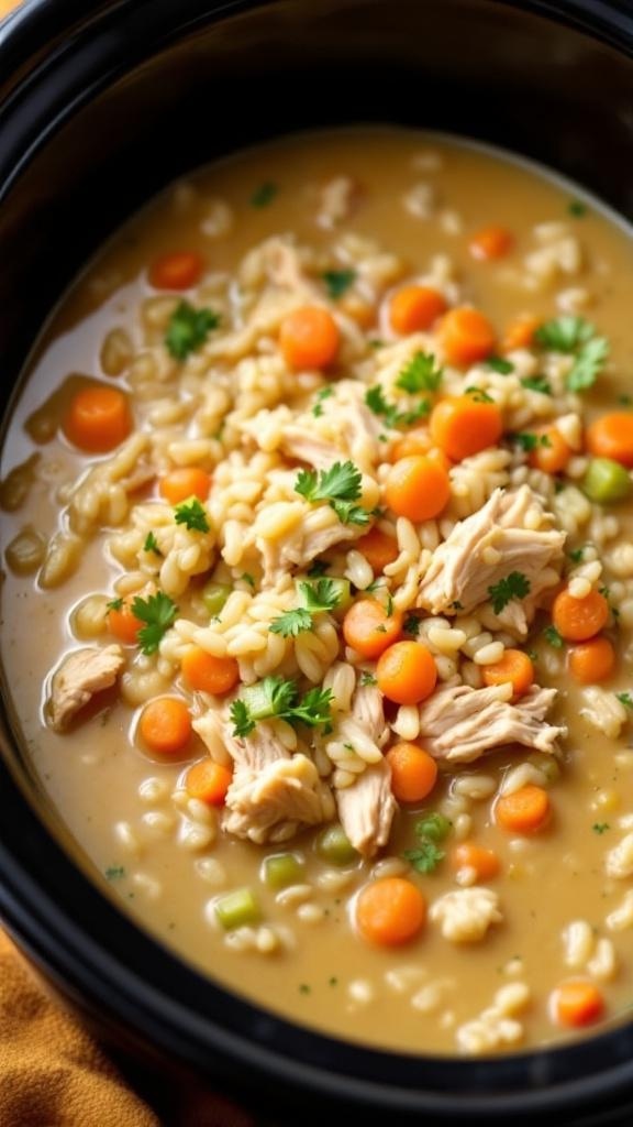A bowl of chicken and wild rice soup in a slow cooker, filled with chicken, carrots, and rice.