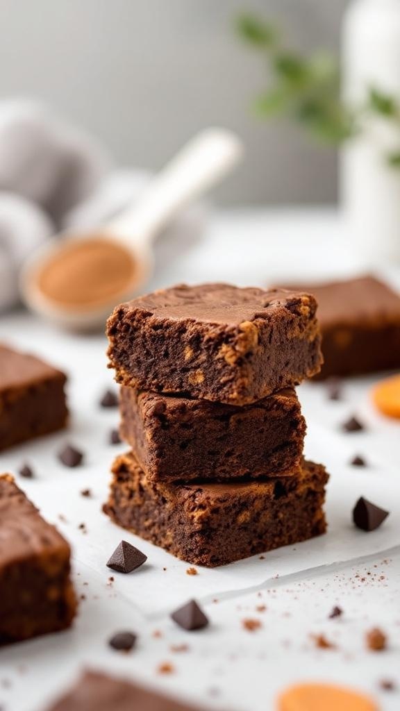 Delicious sweet potato protein brownies stacked on a table.