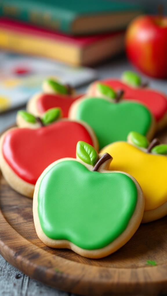 Colorful apple-shaped frosted cookies on a wooden platter