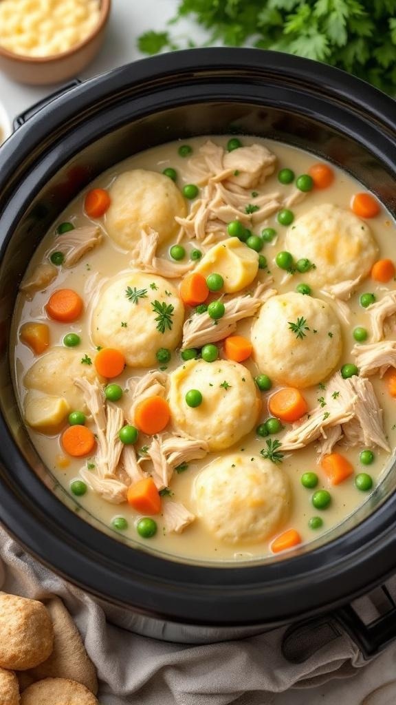A bowl of chicken and dumplings in a crockpot, featuring shredded chicken, dumplings, peas, and carrots.