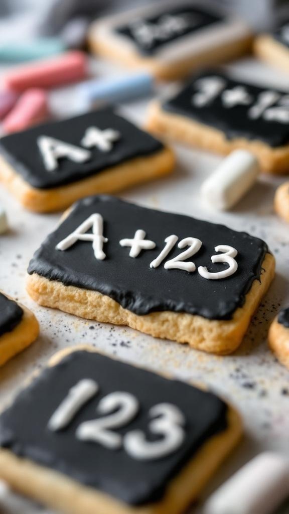 Chalkboard-themed cookies decorated with A+ and 123 designs