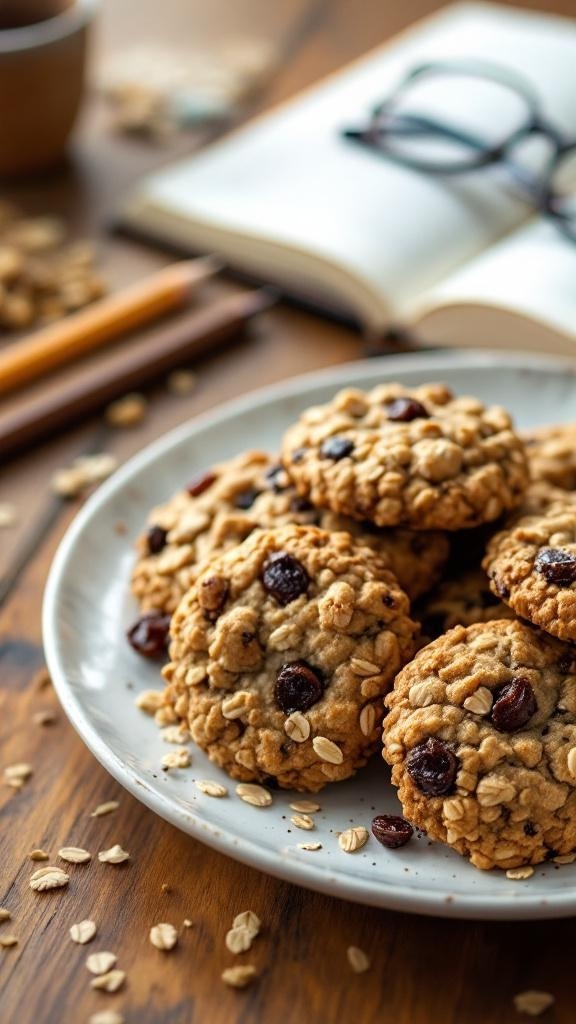 A plate of oatmeal raisin cookies on a wooden table with an open book and glasses in the background.