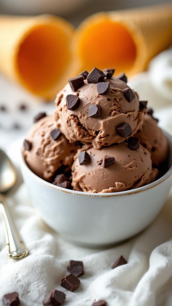 Bowl of chocolate cottage cheese ice cream topped with chocolate chips