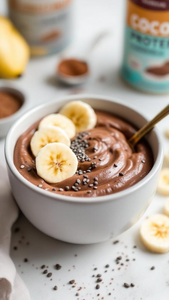 A bowl of chocolate cottage cheese pudding topped with banana slices and chia seeds.