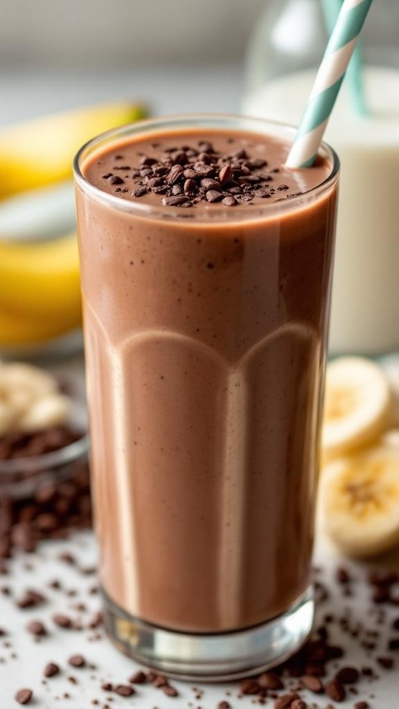 A chocolate cottage cheese smoothie in a tall glass with a straw, topped with chocolate chips.