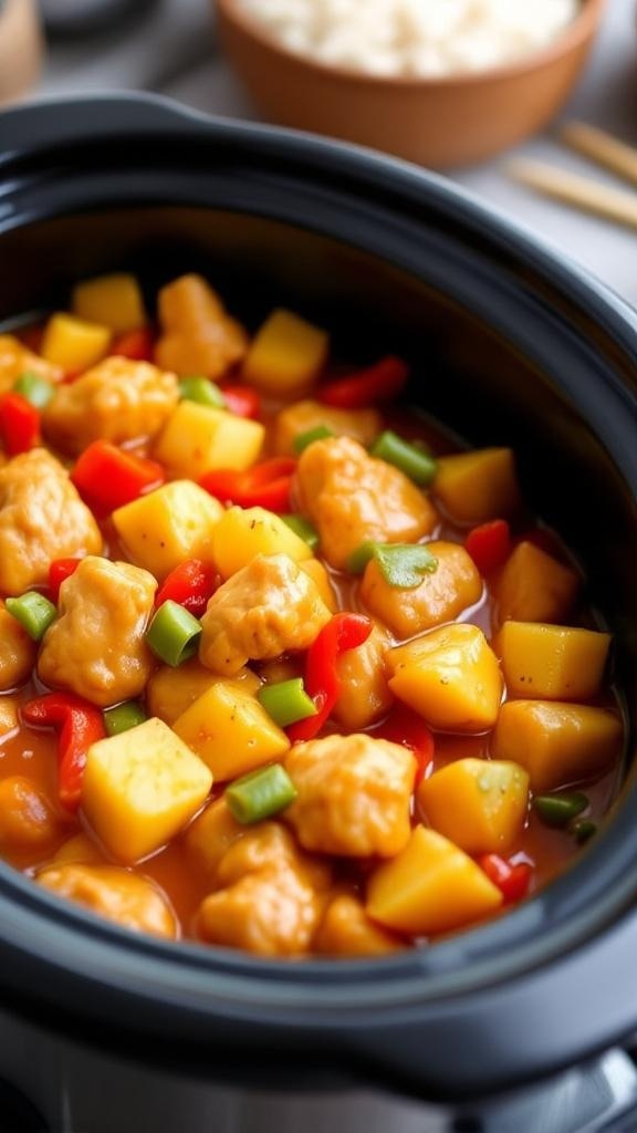 Crockpot sweet and sour chicken with colorful vegetables and pineapple