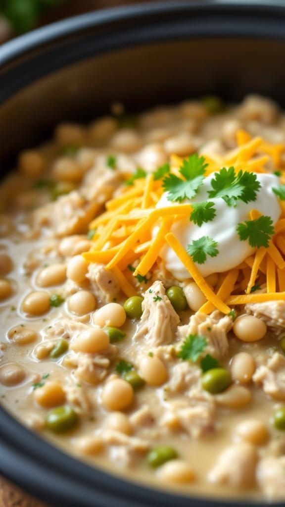 A bowl of slow cooker white chicken chili topped with cheese and cilantro.
