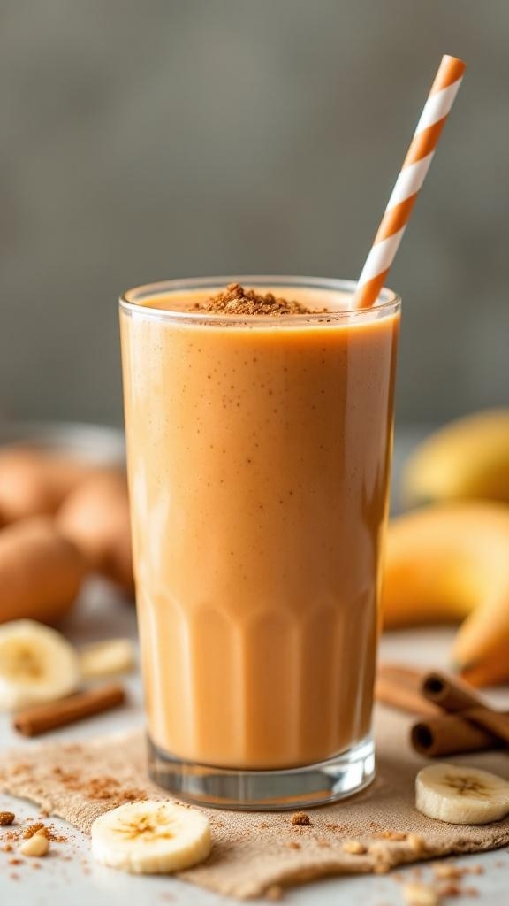 A delicious sweet potato smoothie in a glass with a straw.
