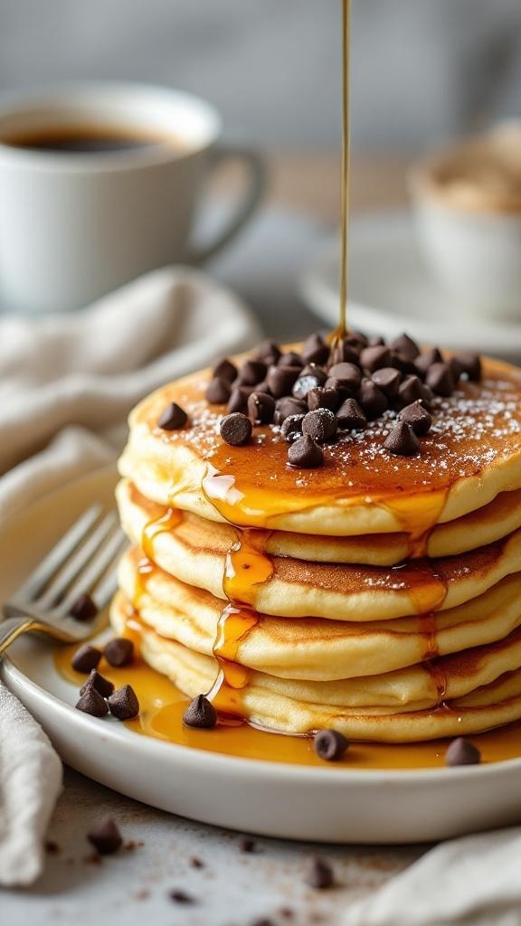 Fluffy pancakes topped with chocolate chips and syrup