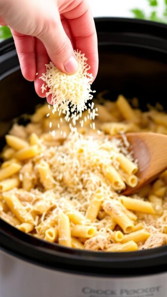 A hand sprinkling Parmesan cheese over a creamy pasta dish in a crockpot.