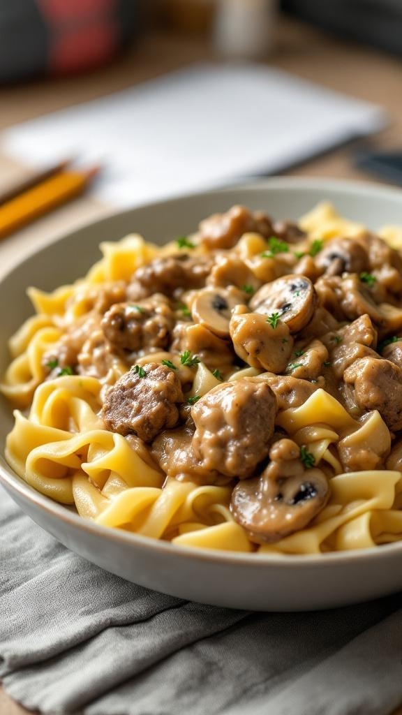 A bowl of beef stroganoff served over egg noodles, garnished with parsley.