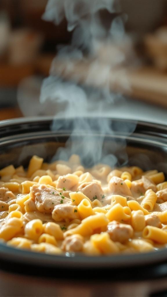 Crockpot Chicken Alfredo Pasta with steam rising from the pot