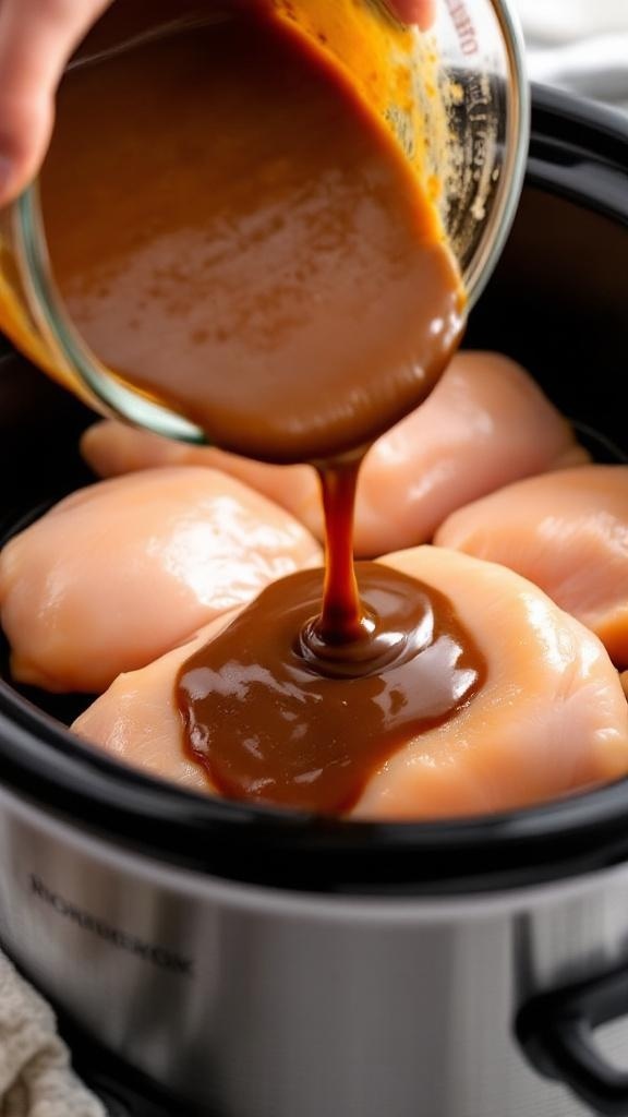 A person pouring honey garlic sauce over chicken thighs in a slow cooker.