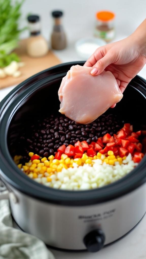 A hand placing chicken breast on top of layered ingredients in a crockpot for chicken tortilla soup.
