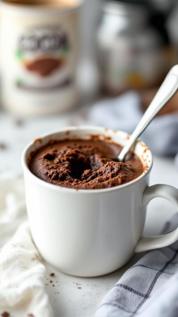 A delicious chocolate mug cake made with cottage cheese, served in a white mug.