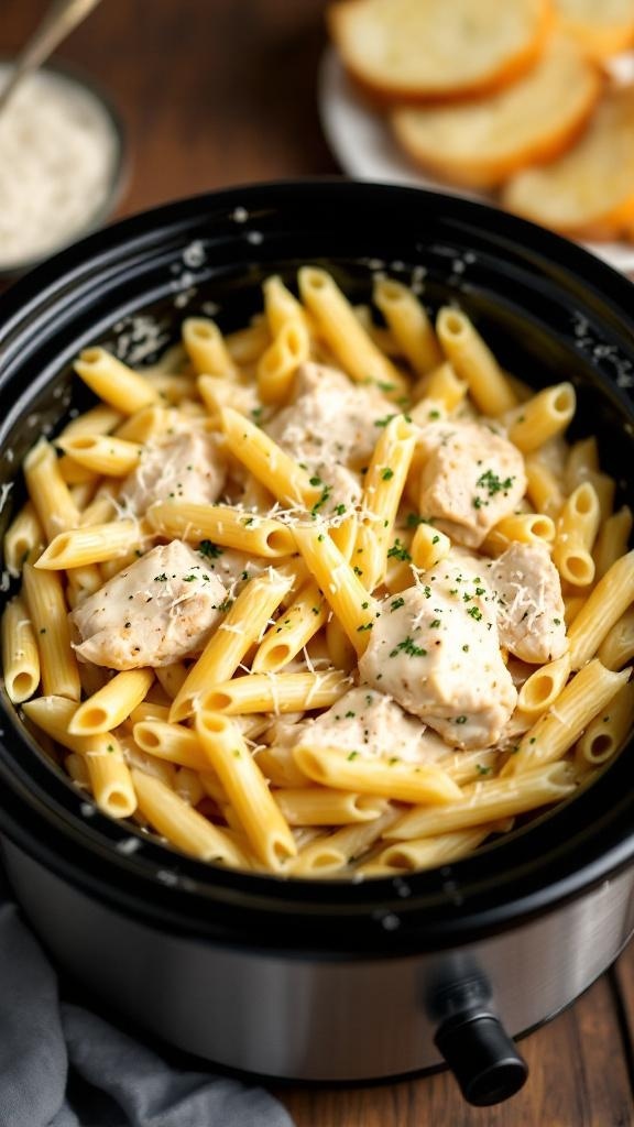A delicious bowl of chicken alfredo pasta in a crockpot.