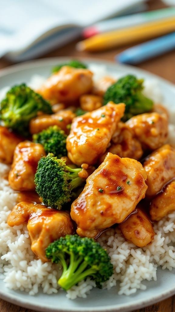 A plate of stir-fried chicken and broccoli served over rice.