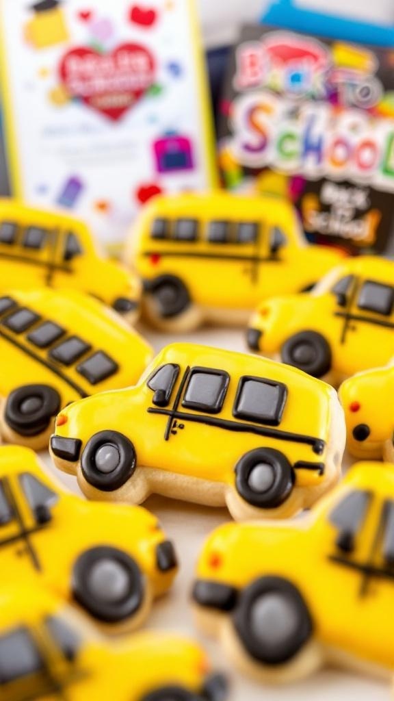 School bus-shaped cookies decorated with yellow and black icing
