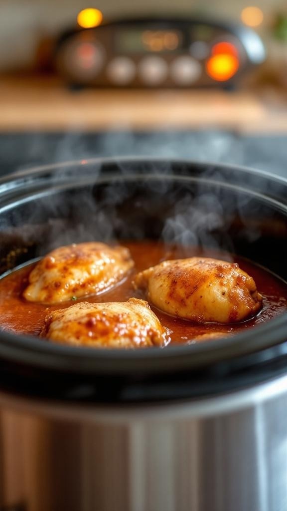 Slow Cooker Honey Garlic Chicken Thighs cooking in a slow cooker with steam rising.
