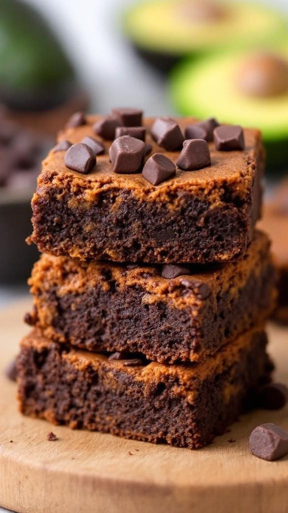 Delicious sweet potato and avocado brownies stacked on a wooden board.