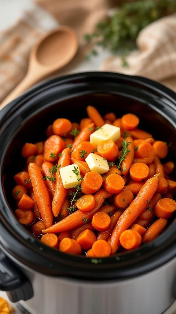 Slow cooker filled with maple glazed carrots topped with butter and thyme