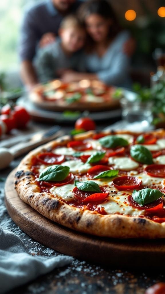 A homemade pizza with various toppings ready to be served.