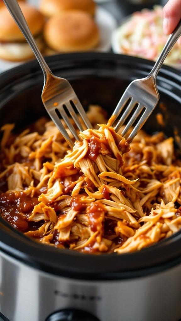 Shredded BBQ chicken in a slow cooker, with forks pulling apart the meat