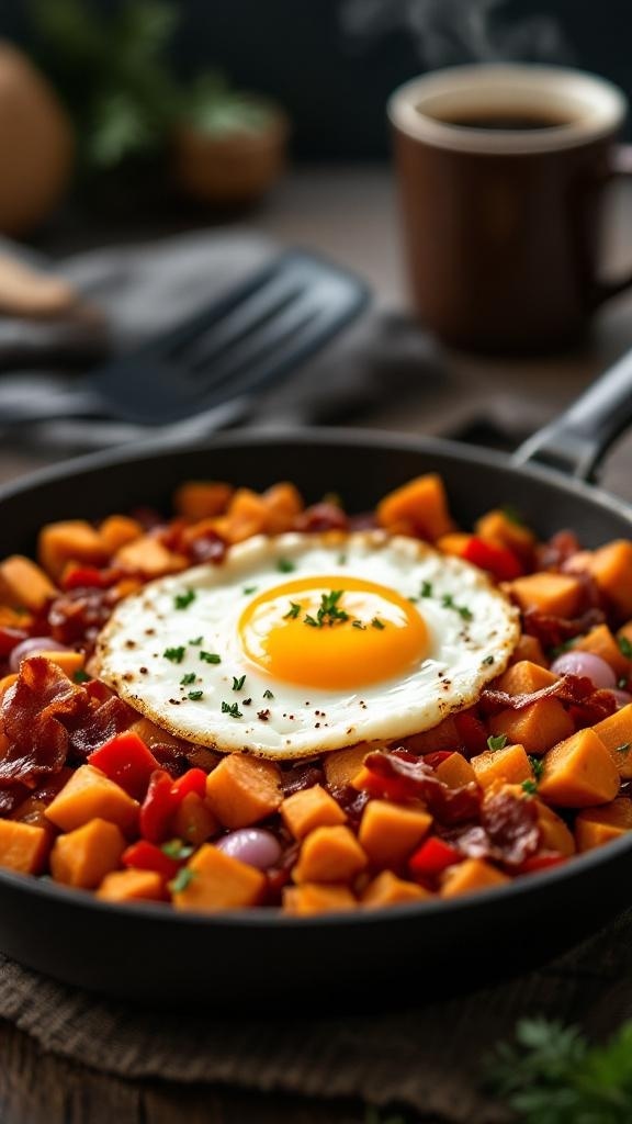 A delicious sweet potato breakfast hash with eggs and bacon in a skillet.