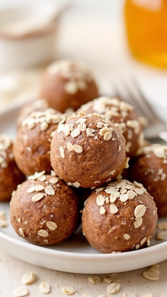 A plate of chocolate protein balls topped with oats.