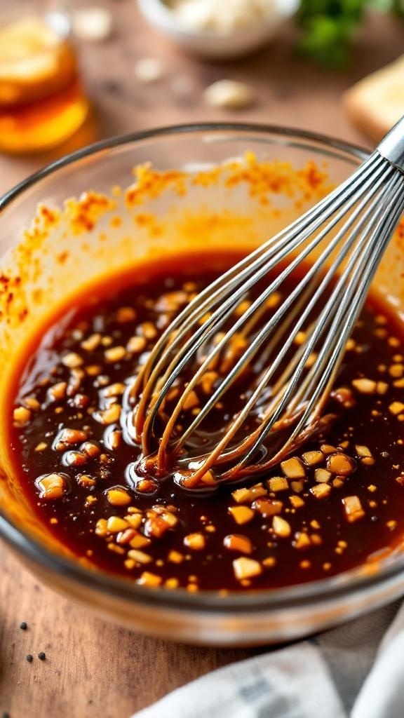 A bowl of honey garlic sauce being whisked together with garlic and spices.