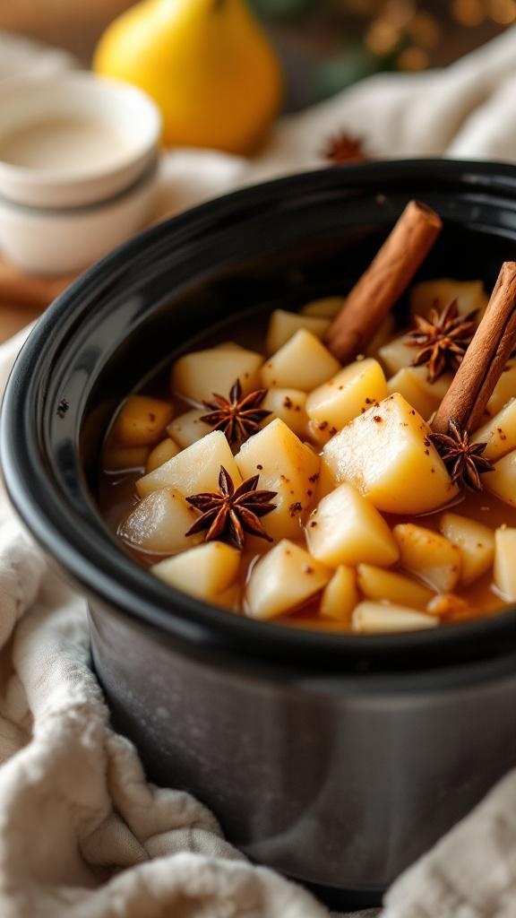 A slow cooker filled with spiced pear compote, featuring diced pears, cinnamon sticks, and star anise.