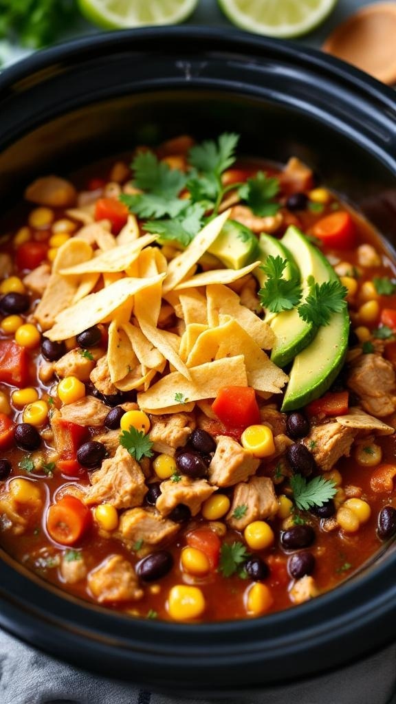 A bowl of chicken tortilla soup topped with tortilla strips, avocado, and cilantro.