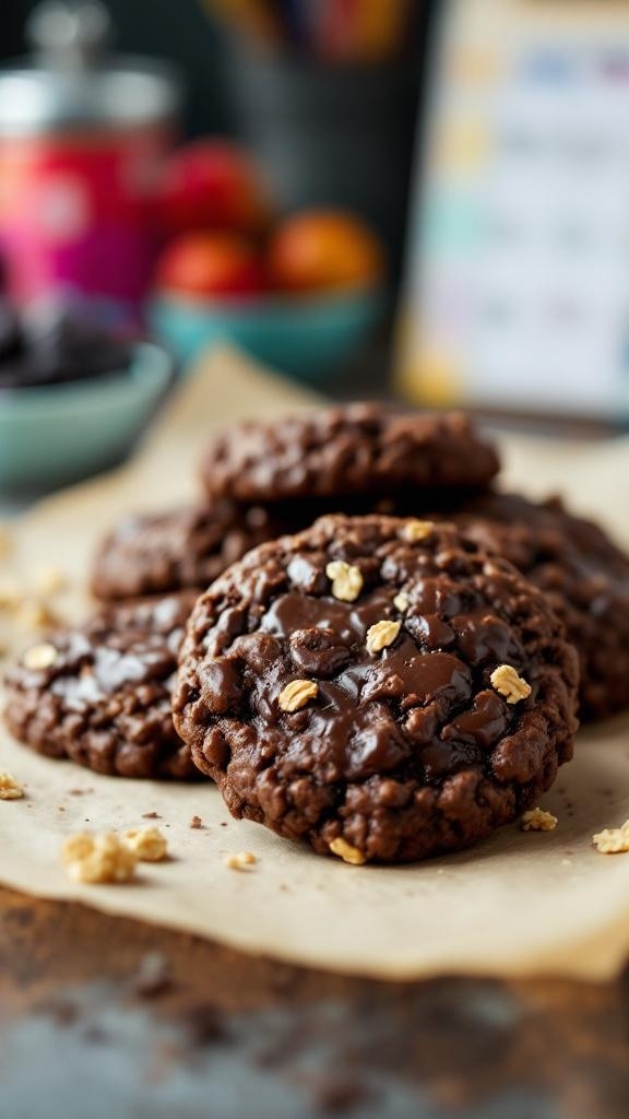 A close-up of chocolate oatmeal cookies on a surface, with a blurred background of colorful school supplies.
